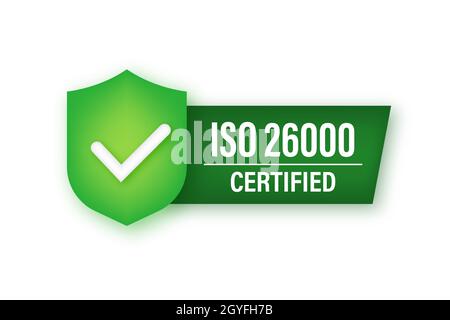 ISO 260000Certified badge neon icon. Certification stamp. Vector stock illustration. Stock Vector