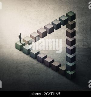 Lost and confused man walks puzzled on a penrose triangle. Perplexed person looks disoriented ahead, don't know wich way to choose. Surreal and concep Stock Photo