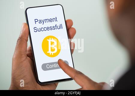 Online Bitcoin Payment Success And Money Transfer Stock Photo