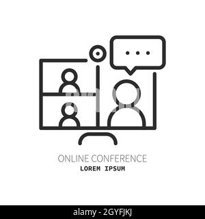 Laptop with people on screen communicating on video chat. Logo. Video conference and online meeting concept. Distance work and learning. Vector illust Stock Photo