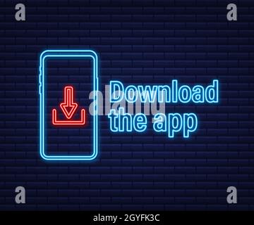 Download page of the mobile app. Empty screen smartphone for you app. Download app neon icon Stock Vector