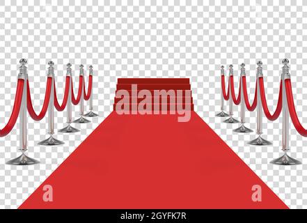Red carpet with stairs, podium, red ropes and golden stanchions. Vector illustration. Stock Photo