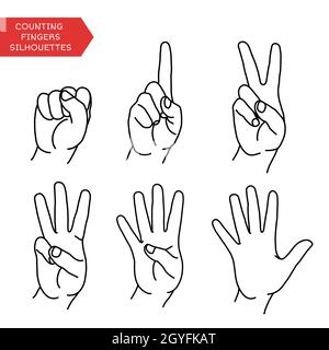 Counting hands showing different number of fingers. Graphic design element for teaching math to young children as school printout. Great for showing n Stock Photo