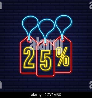 25 percent OFF Sale Discount neon tag. Discount offer price tag. 25 percent discount promotion flat icon with long shadow. Stock Vector