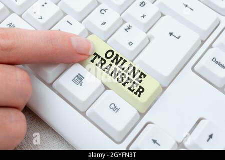 Text caption presenting Online Transfer, Concept meaning authorizes a fund transfer over an electronic funds transfer Transcribing Internet Meeting Au Stock Photo