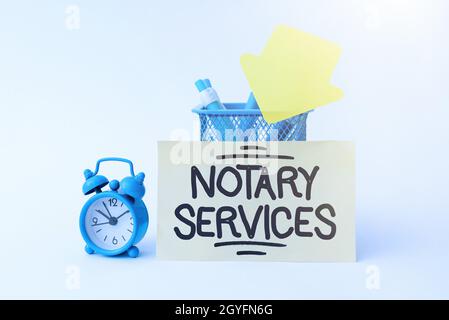 Sign displaying Notary Services, Word Written on services rendered by a state commissioned notary public Tidy Workspace Setup Writing Desk Tools And E Stock Photo