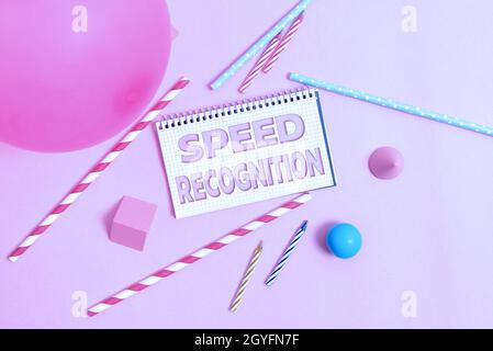 Text caption presenting Speed Recognition, Business concept technology used to detect and recognize over speeding car Colorful Party Invitation Design Stock Photo