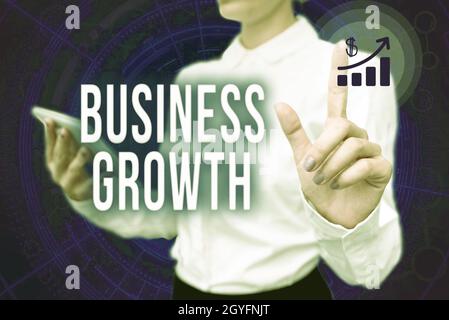 Sign displaying Business Growth, Word for process of improving some measure of an enterprise s is success Lady In Uniform Standing Hold Phone Virtual Stock Photo