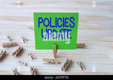 Hand writing sign Policies Update, Internet Concept act of adding new information or guidelines formulated Piece Of Blank Square Note Surrounded By La Stock Photo