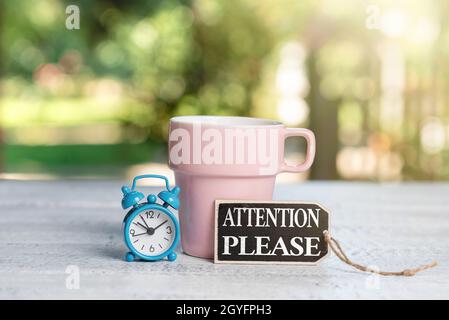 Hand writing sign Attention Please, Business concept asking showing to focus their mental powers on you Calming And Refreshing Environment, Garden Cof Stock Photo