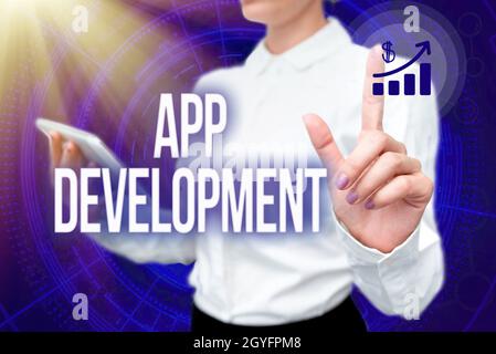 Conceptual caption App Development, Conceptual photo the act or process by which a mobile app is developed Lady In Uniform Standing Hold Phone Virtual Stock Photo
