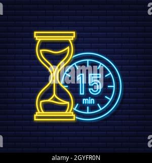 The 15 minutes, stopwatch vector neon icon. Stopwatch icon in flat style, timer on on color background. Vector illustration Stock Vector