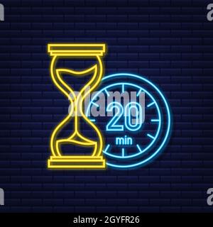 The 20 minutes, stopwatch vector neon icon. Stopwatch icon in flat style, timer on on color background. Vector illustration Stock Vector