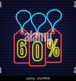 60 percent OFF Sale Discount neon tag. Discount offer price tag. 60 percent discount promotion flat icon with long shadow. Stock Vector