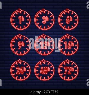 12, 24, 48, 72 hours neon clock arrow. Work time effect or delivery service time. Vector stock illustration Stock Vector