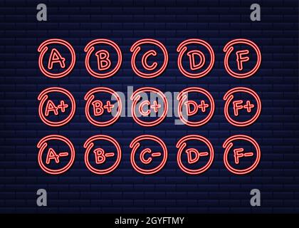 Neon Grade results set. Hand drawn. Vector stock illustration. Stock Vector