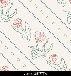 Seamless floral pattern. Vector embroidery imitation. Light vintage background. Canvas texture emulation. Fantasy flowers like tulips. Hand drawn red, Stock Vector