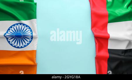 National United Arab Emirates and Indian flags on blue background Stock Photo