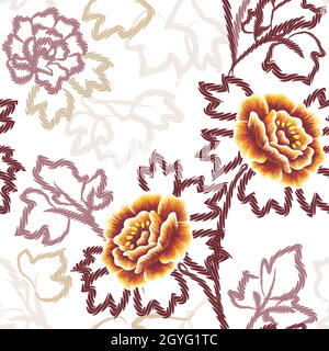 Vector floral seamless pattern. Stylized flowers like peonies or poppies, leaves and stems on white background. Stock Vector