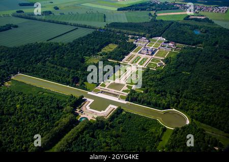 Aerial view of the castle and gardens of Vaux le Vicomte near Paris and Melun in Seine et Marne, France - Classic palace built by Nicolas Fouquet, sup Stock Photo