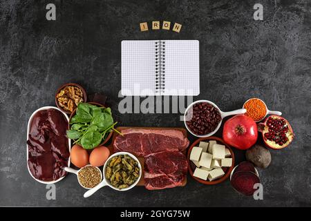 Foods high in Iron, including eggs, spinach, beans, tofu, liver, beef, beetroot, mussels, and dark chocolate.  Stock Photo