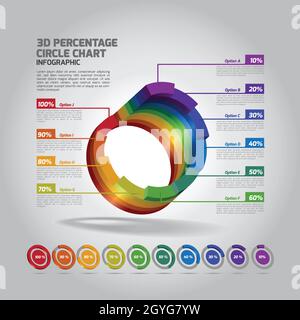 3D Percentage Circle Chart Infographics with presentation icons collection. Fully editable vector based Infographic elements. Stock Vector