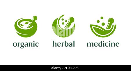 Bowl isolated icons with pestles, leaves and seeds on white background. Organic herbal medicine logo set. Stock Vector