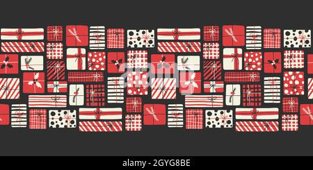Retro 70s Whimsical Christmas Hand Drawn Gift Boxes Vector Seamless Pattern Border Stock Vector