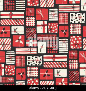 Retro 70s Whimsical Christmas Hand Drawn Gift Boxes Vector Seamless Pattern Stock Vector