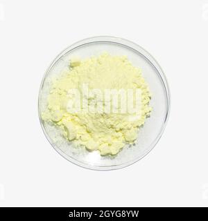 Close up chemical ingredient on white laboratory table. Sulfur Powder in Chemical Watch Glass. Top View Stock Photo