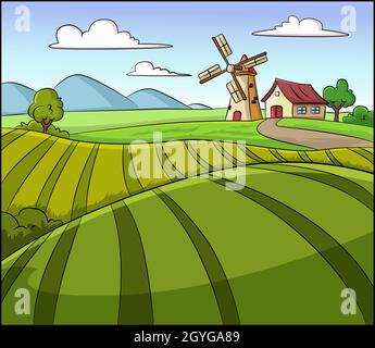 Cartoon vector illustration of a farmland windmill Stock Vector