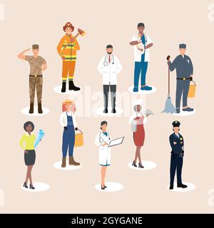 ten professionals workers characters group Stock Vector