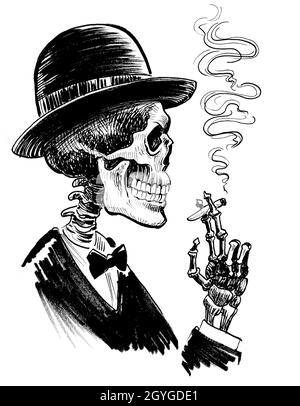 Human skeleton smoking marijuana joint. Ink black and white drawing ...
