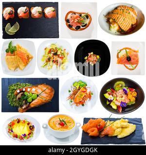 Assorted salmon dishes on a white background Stock Photo