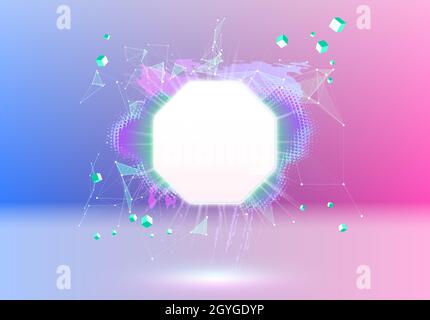 Abstract pink and blue vaporwave styled background with shiny neon frame, brush stroke, halftone blot and triangular dotted grid. Stock Vector
