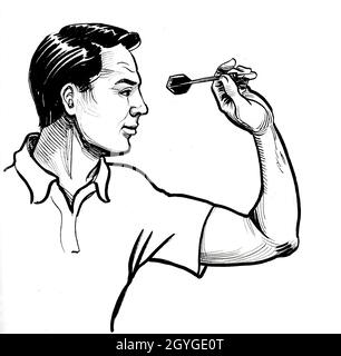 Man throwing dart arrow. Ink black and white drawing Stock Photo