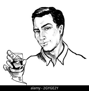 Handsome man with a glass of whiskey. Ink black and white drawing Stock Photo
