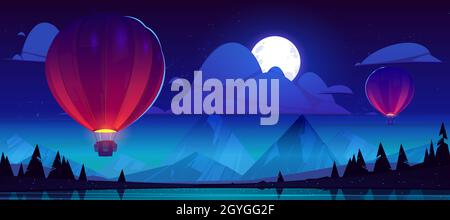 Night landscape with flying hot air balloons, lake, mountains and moon in sky. Vector cartoon illustration of airships with baskets fly over river, coniferous forest on shore and rocks Stock Vector