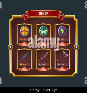 Game shop with medieval weapons and shields for viking, knight or ...