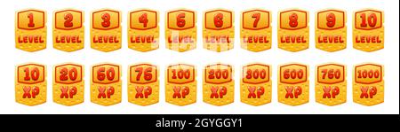 Set of cheese game level ui icons, score experience banners and xp rate isolated app buttons, award or bonus graphic design elements, reward, trophy achievement and prize for rpg experience or skills Stock Vector
