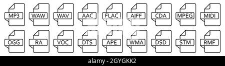 Audio file formats. Set of linear icons of different audio formats. Audio file icons. Vector illustration. Stock Vector