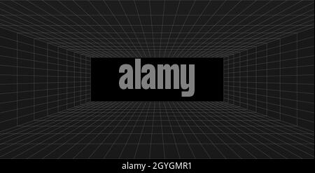 Grid perspective black room. Gray wireframe background. Digital cyber box technology model. Vector abstract architectural template Stock Vector