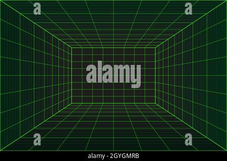 3d Grid perspective room in matrix technology style. Virtual reality tunnel or wormhole. Abstract binary computer code background Stock Vector