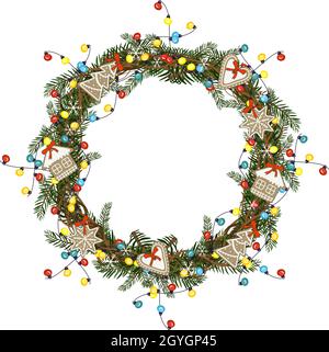 Round Christmas wreath of fir branches with gingerbread, colourful light bulbs garland and snowflakes. Festive decoration for New Year and winter holidays Stock Vector