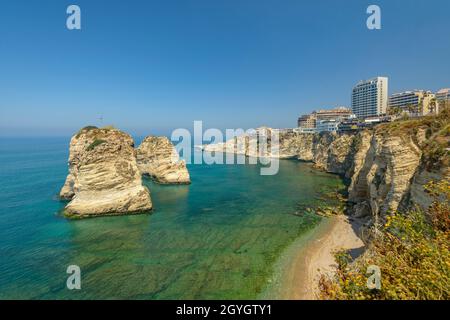 LEBANON, BEIRUT, RAS BEIRUT, GROTTE AUX PIGEONS, PIGEON ROCK (RAOUCHE) Stock Photo