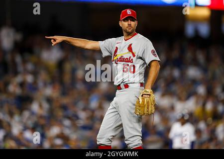 St. Louis Cardinals pitcher Adam Wainwright (50) reacts during an MLB National League Wild Card game against the Los Angeles Dodgers, Wednesday, Octob Stock Photo