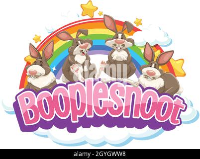 Cute rabbits on Boople Snoot font with rainbow illustration Stock Vector