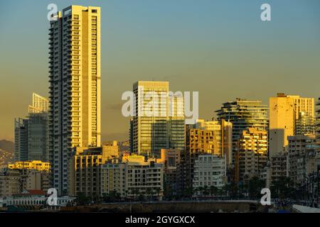 BUILDINGS AND SKYSCRAPERS OF THE BEIRUT CORNICHE, DAR MREISSE, BEIRUT, LEBANON Stock Photo