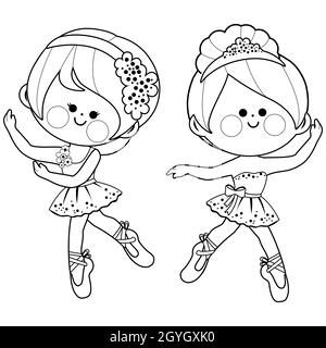 Little ballerinas dancing. Black and white coloring page Stock Photo