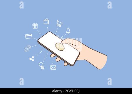 Person hand holding modern smartphone with different applications. Man use cellphone device shopping paying or texting online. Technology, app, internet services. Flat vector illustration.  Stock Vector